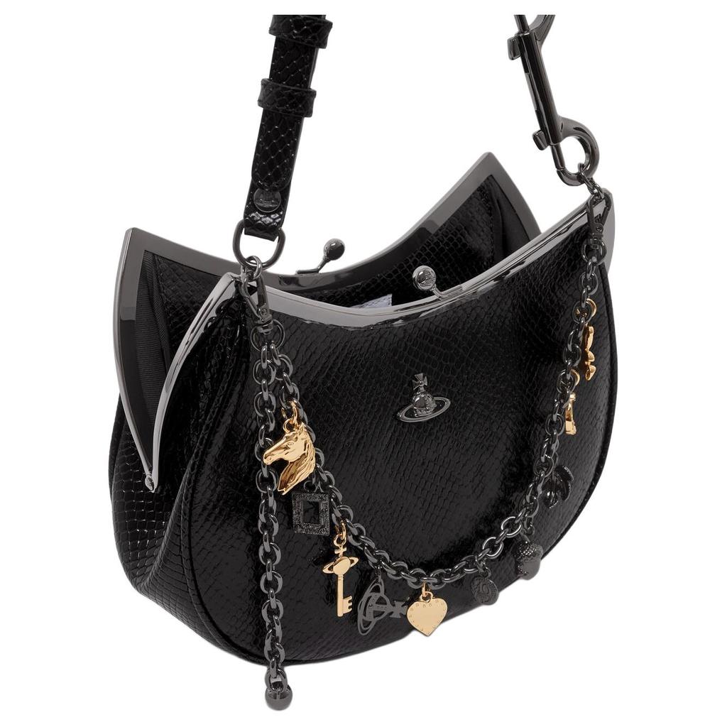 VIVIENNE WESTWOOD Charm Frame Python Effect Embossed Pendant Shoulder Bag Women Shoulder Bag Black Gold Silver 4B01000PWL00D7BLACK