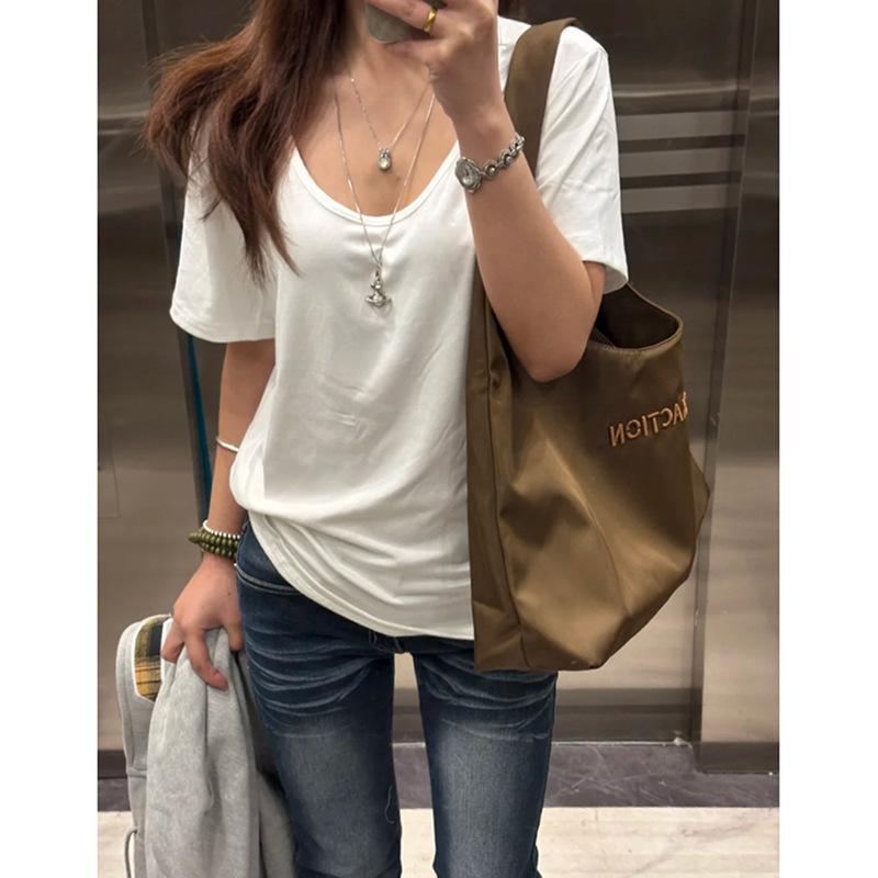 

Women s White U-Neck Elastic Short-Sleeve T-Shirt, Loose Fit, Large Neckline, Regular Shoulder, Versatile Style. S [Recommended 75-90 lbs] белый