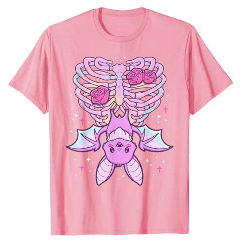 Kawaii Pastel Goth Niedlich Gruselig Fledermaus Skelett T-Shirt Anime Vaporwave Ästhetische Kleidung Grafik T-Shirt Oberteile Halloween Kostüm Geschenke