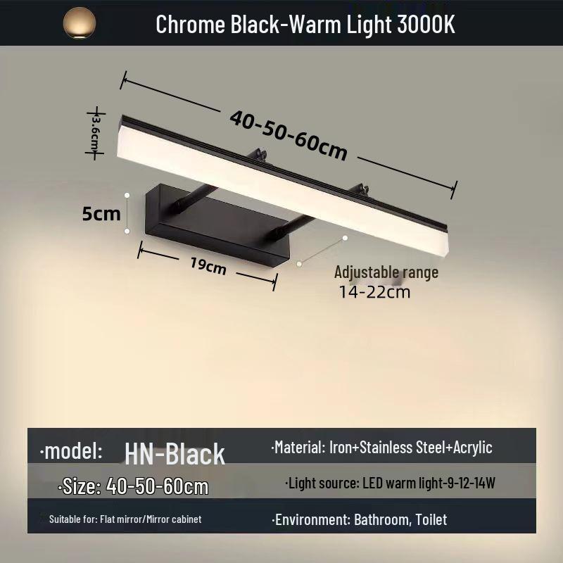 Waterproof LED Vanity Light with Retractable Bracket and Mist-Proof Acrylic Shade for Bathroom Mirrors.