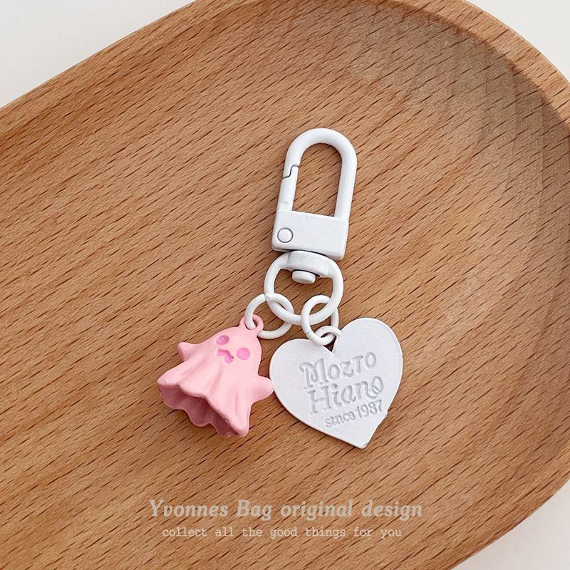 Sweet Little Ghost Heart Pendant Keychain - Pink & Black Round Buckle