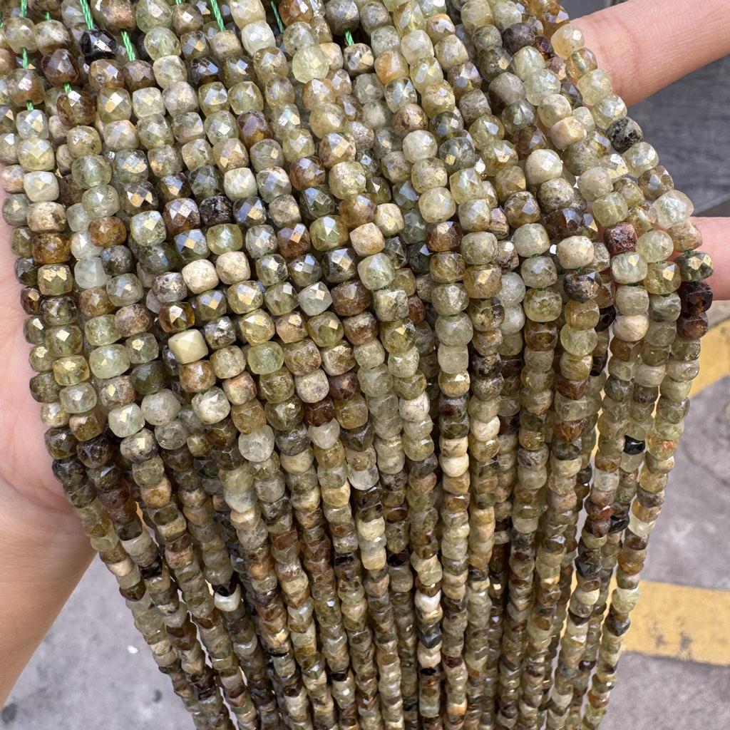 Natural Green Garnet Faceted Square Beads: Small Sugar Cube Beads for Stringing Jewelry