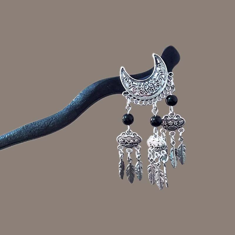 Vintage Chinese Style Wooden Tassel Hair Sticks For Women Girls Elegant Moon Hair Clip Hanfu Headwear Jewelry Hair Accessories