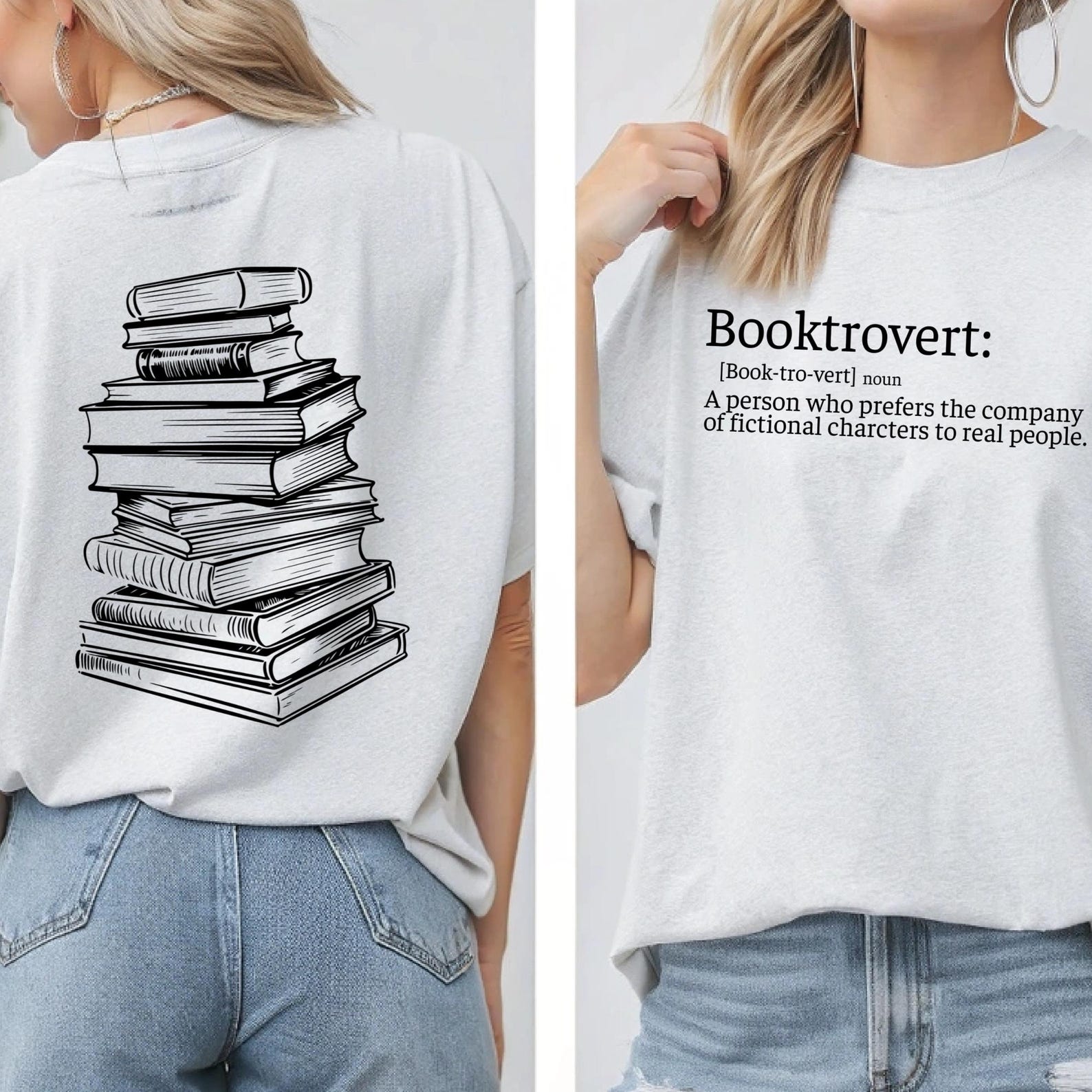 Booktrovert T-Shirt, Book Lover Shirt, Stack Of Books Clothing, Book Club Tee M