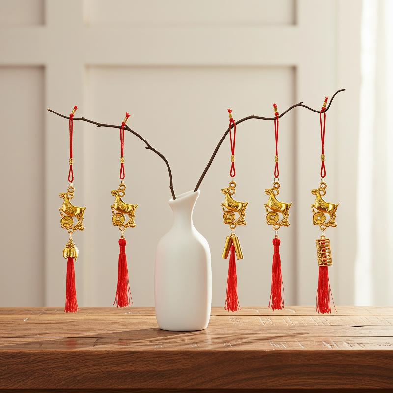Golden Chinese Zodiac Goat Hanging Ornaments With Red Tassel Lucky Charms For Spring Festival Home Car Decor