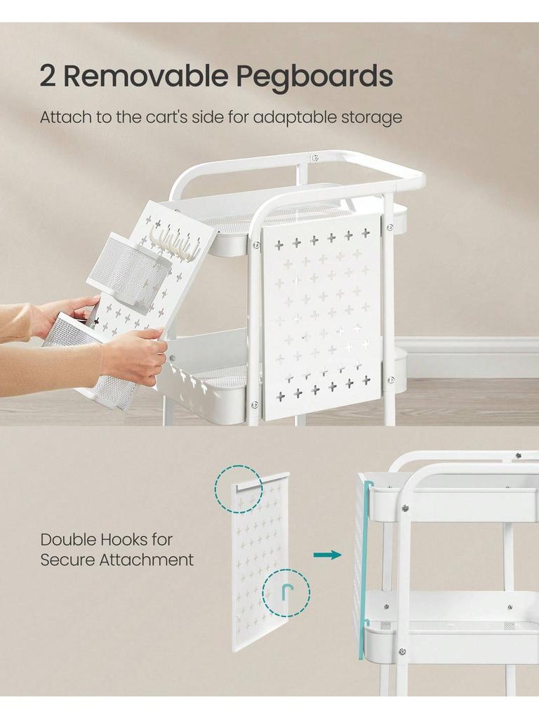 SONGMICS 3-Tier Storage Cart, Rolling Utility Cart, Metal Mesh Shelves, 2 Removable Pegboards, 2 Hanging Holders, 4 Hooks