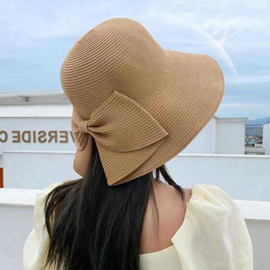 Frauen Sommer Zurück Bowknot Dekor Sonnenhut Breite Krempe Runde Kuppel Atmungsaktive Einstellbare Anti-UV Strand Stroh Hut