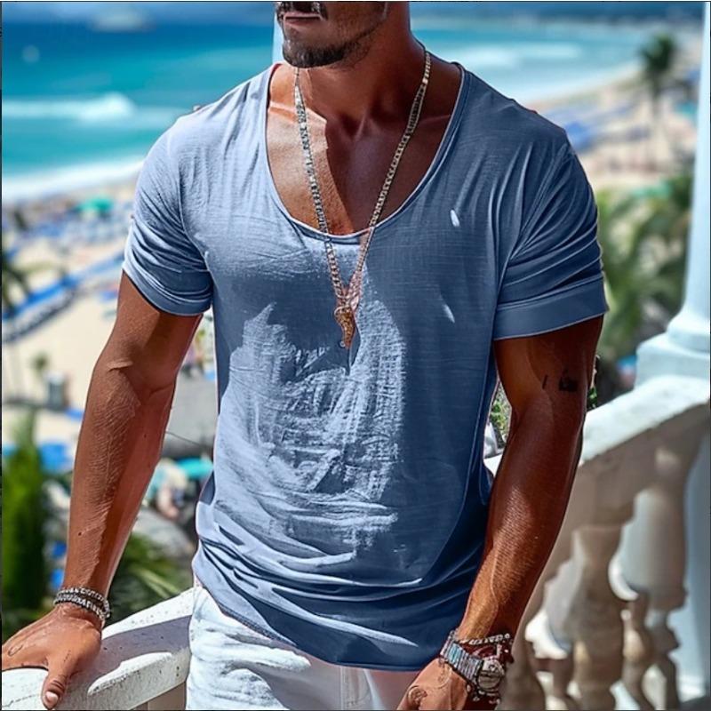 Mens Deep U Neck Short Sleeve T Shirt Textured Stretch Casual Beach Slim Fit Summer Basic Tee