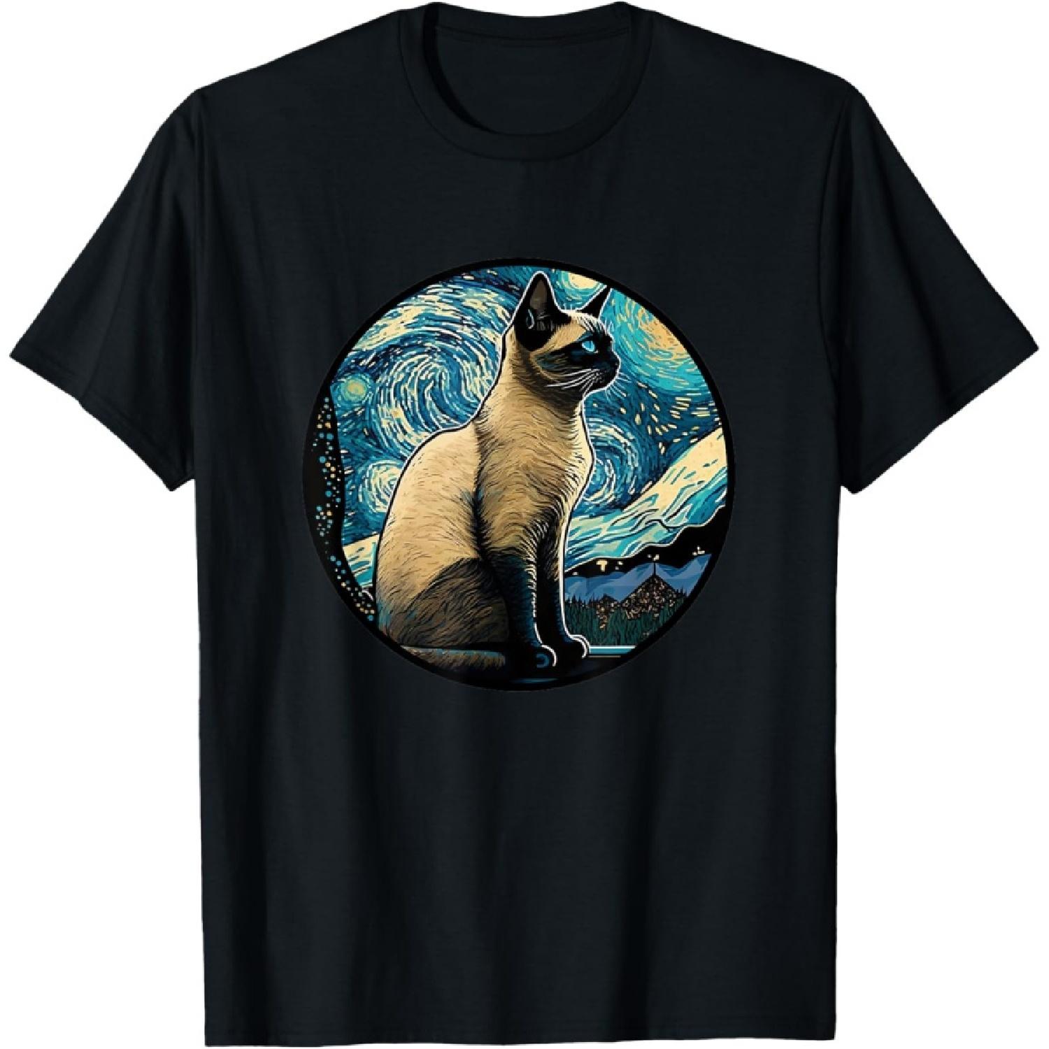 Siamese Cat in Starry Night Painting Men Women Kids T-Shirt S