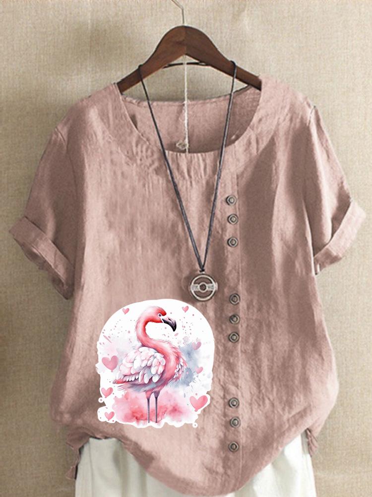 Women's Fashion Love Flame Bird Print Shot Sleeve T-shirt Loose Cotton Shirt Casual Loose Summer Blouse Tops Plus Size