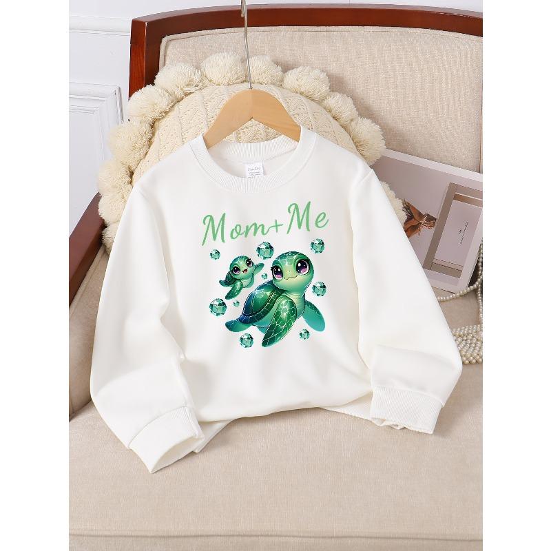 Girls' Long-sleeve Sweatshirt with Round Neck and Printed DesignMom And Me Turtles Suitable for Spring and Autumn, Fashionable and Casual