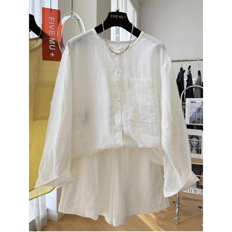 Premium Women s Cotton-Linen Shirt & Cropped Two-Piece Summer Set - Stylish Full Outfit L