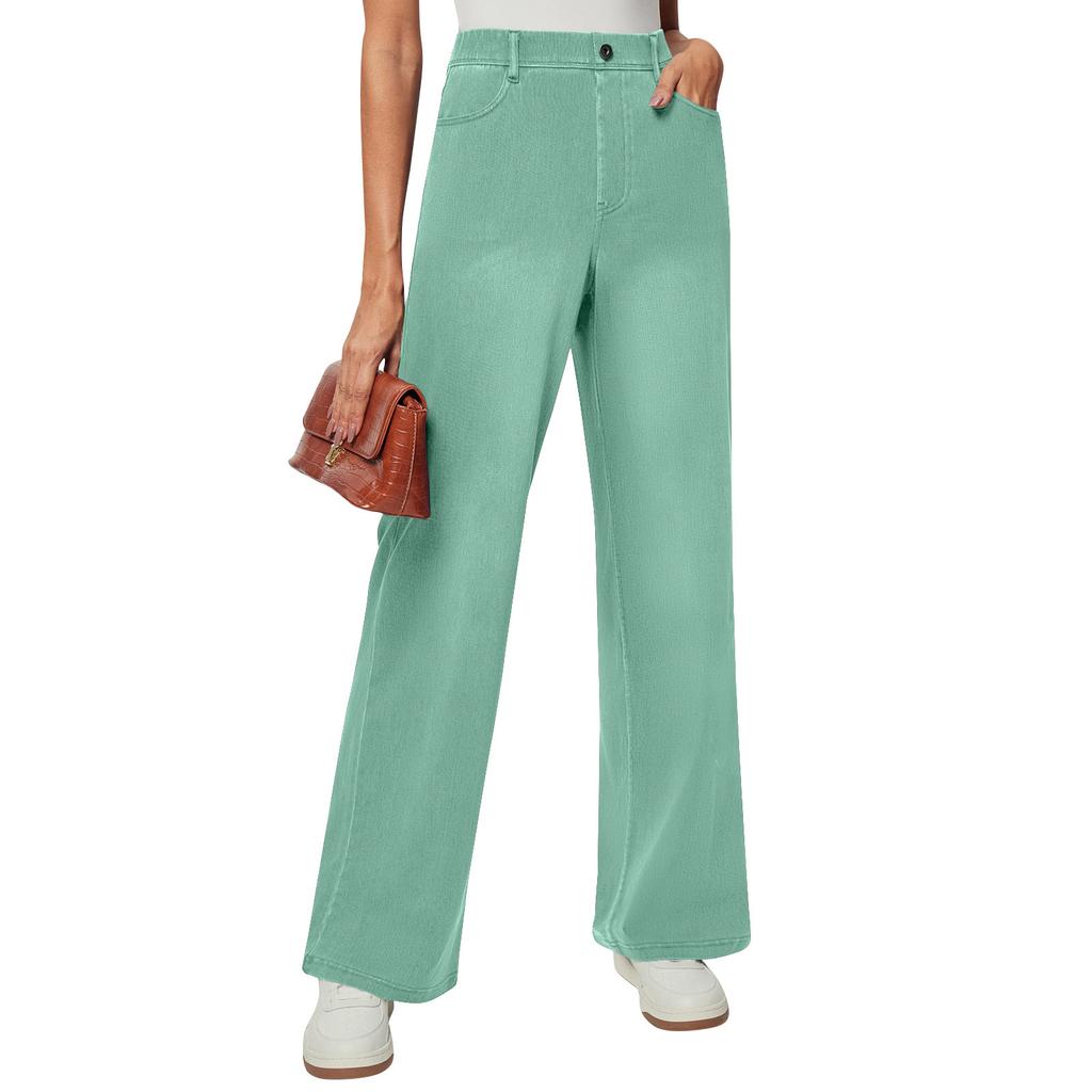 Damen Jeans Lässig Einfarbig Stretch Knopf Gerade Jeans