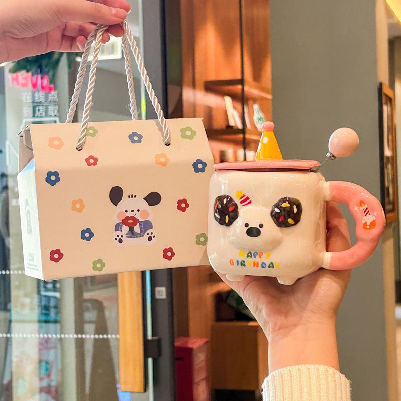 Birthday gift for girls Cute puppy cup Couple ceramic mug with lid Girlfriend souvenir gift box