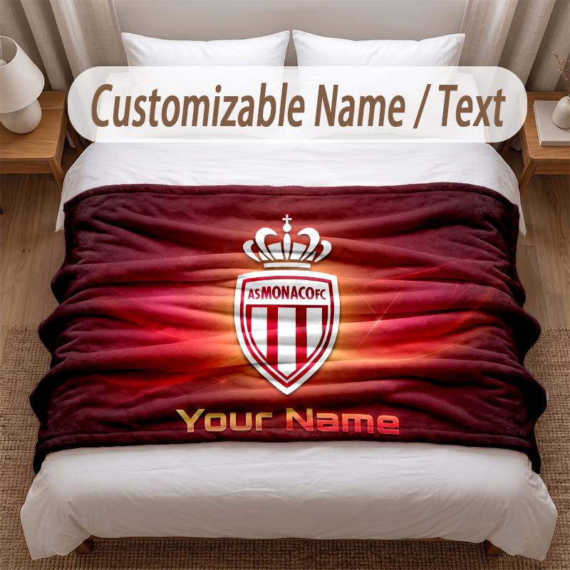 Monaco FC Printed Flannel Blanket Custom Name Text Soft Warm Throw For Bedroom Holiday Gift