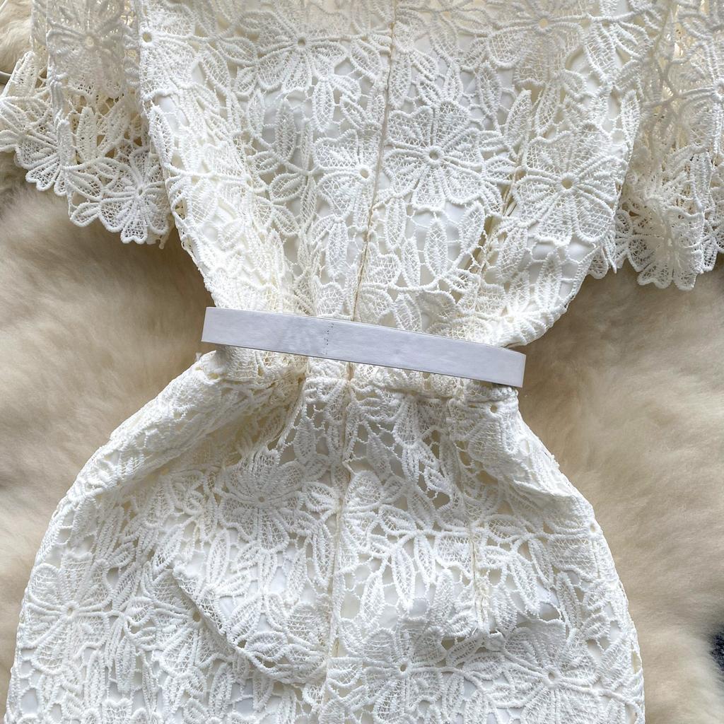 Sommer Frauen Elegante Spitze Häkeln Stickerei Blume Schlank Bodycon Mini Kurze Büro Arbeit Party Kleider