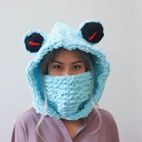 Women s autumn and winter knitted hat with frog eyes, warm ear protection, casual and versatile M(56-58cm) светло-синий