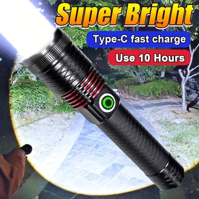 Rechargeable LED Flashlight with 4 Brightness Modes Type-C Fast Charging Lithium Battery Portable Telescopic Focus Suitable for Outdoor Camping