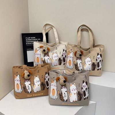 Cute Cartoon Canvas Bag for Women Large Capacity Versatile Shoulder Bag Casual Handbag Commuting Tote Bag Cat Shoulder Bag