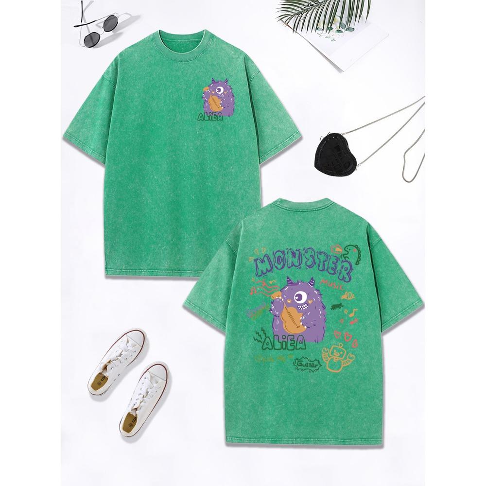 Purple Plush One-Eyed Monster Prints Washed T-Shirts Women Cotton Oversized Tops Comfortable T Shirt Summer Woman Clothes