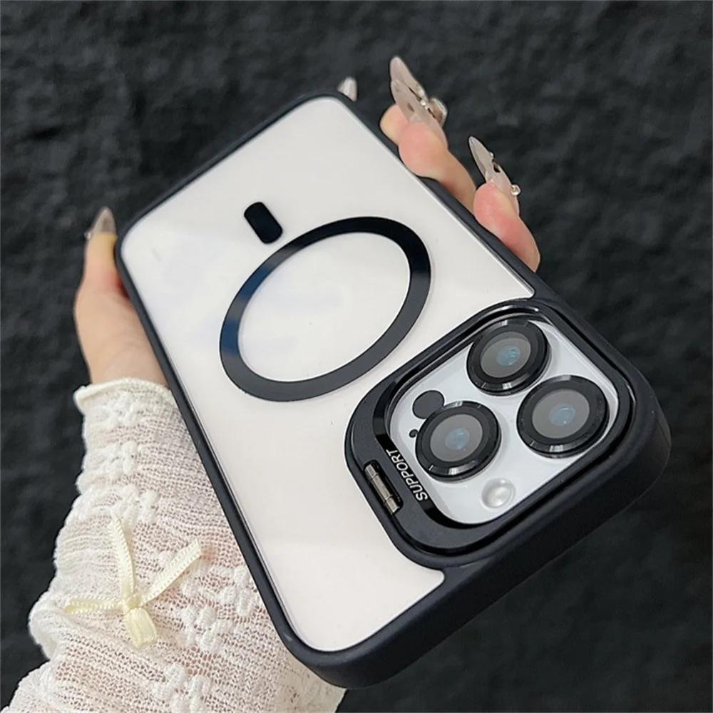iPhone 16 15 14 13 12 11 Pro Max 16 Plus İçin Magsafe Standlı Manyetik Darbeye Dayanıklı Lüks Telefon Kılıfı Cam Lens Koruyucu Kapak