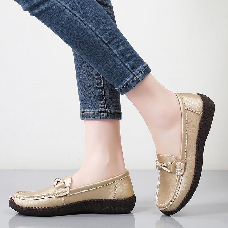Women Simple Gold Loafers Leather Driving Moccasins Comfort Flats Black Casual Slip On Plus Size Black Shoes