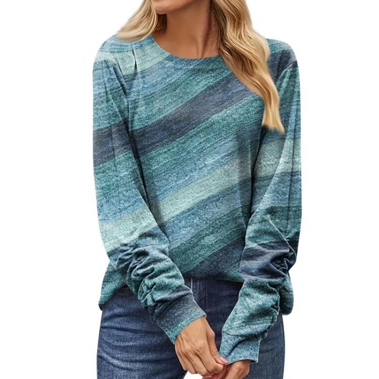 Long Sleeve Print Pullover Top Blouse Casual Round Neck Women Fashion