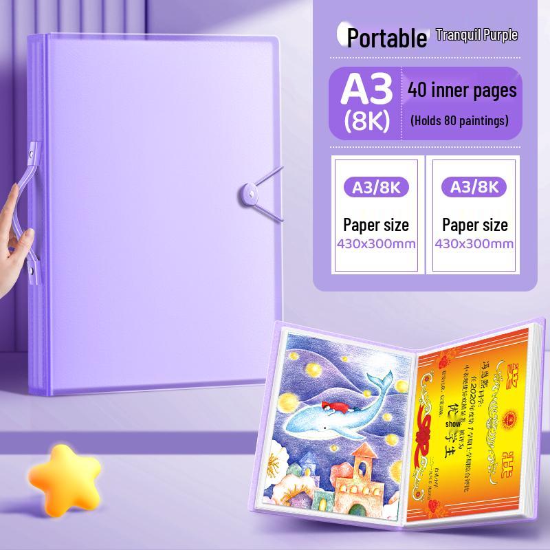 Art Portfolio Album: A3/A2/8K/4K Insert Type with 8 Storage Pockets for Children's Artwork