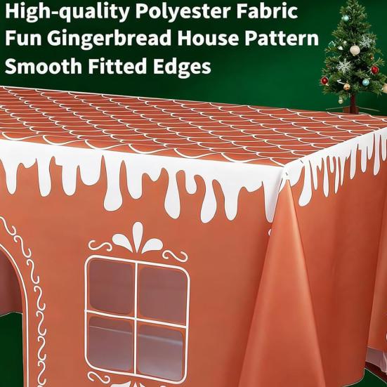 Gingerbread House Christmas Tablecloth Reusable Washable Gingerbread Playhouse Table Cover with Playful Cut-Out Windows for Dining Room Kitchen Party