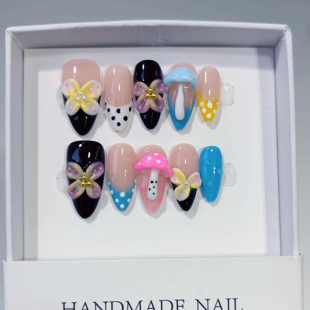 European Black & White Floral Press-On Nails with Almond Shape & Bow Accents