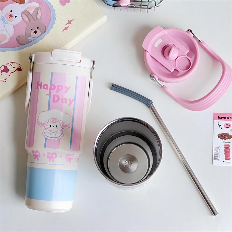 Cat And Dog Diary Stainless Steel Tumbler With Straw - Vacuum Insulated Water Bottle Reusable Cup With Straw