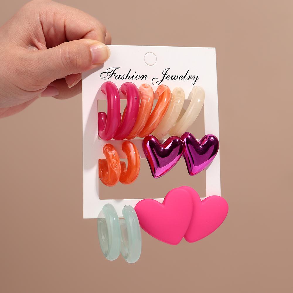 New Korean 7pair Colorful Circle Acrylic Hoop Earring for Women Vintage Geometric Heart Stud Earrings Statement Jewelry Set Gift