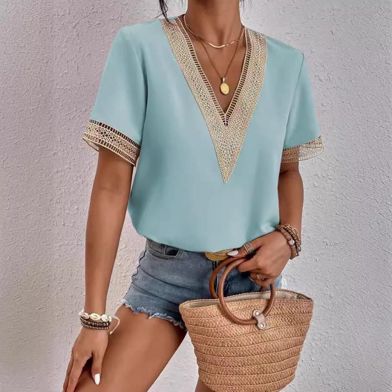 2Wish Women's Collar Lace Loose Top Commuter Short Sleeve Shirt Women's Style