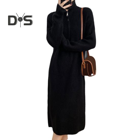 

Зимнее платье-свитер с отложным воротником на молнии, длинные рукава, свободное трикотажное платье миди с однотонной полосатой текстурой чёрный