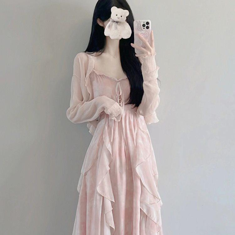 Spring 2026 Women's Sweet Ruffle Maxi Dress Set with Jacket and Cinched Waist Spaghetti Straps