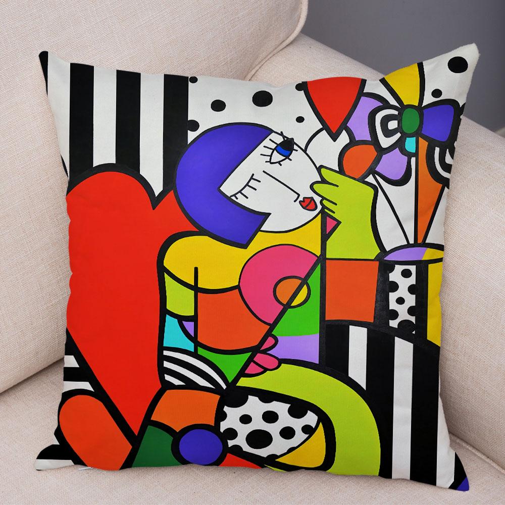 Geometric Cartoon Girl Colorful Abstract Art Drawing Pillowcase Sofa Cushion Cover Home Car Decor Home Decor