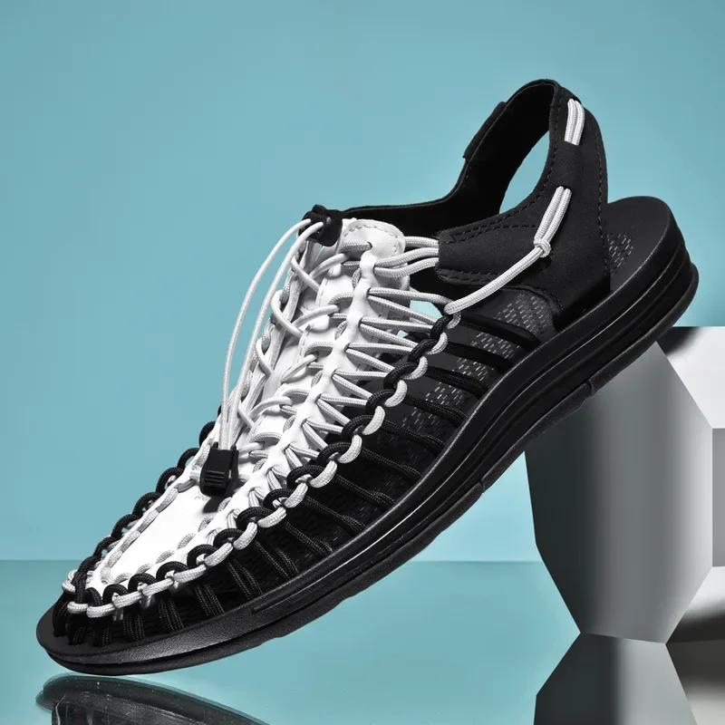 Módní letní pánské sandály dámské pantofle pletený design plážové sandály prodyšné ležérní ploché sandály venkovní párové sandály velikost 35-48