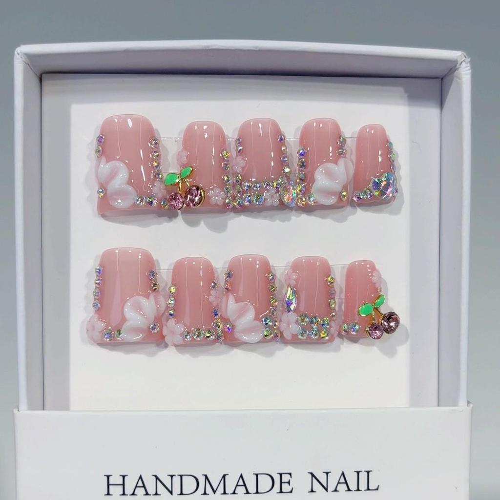 10-Piece Gold Butterfly & Pink Flower Duckbill Wearable Nails