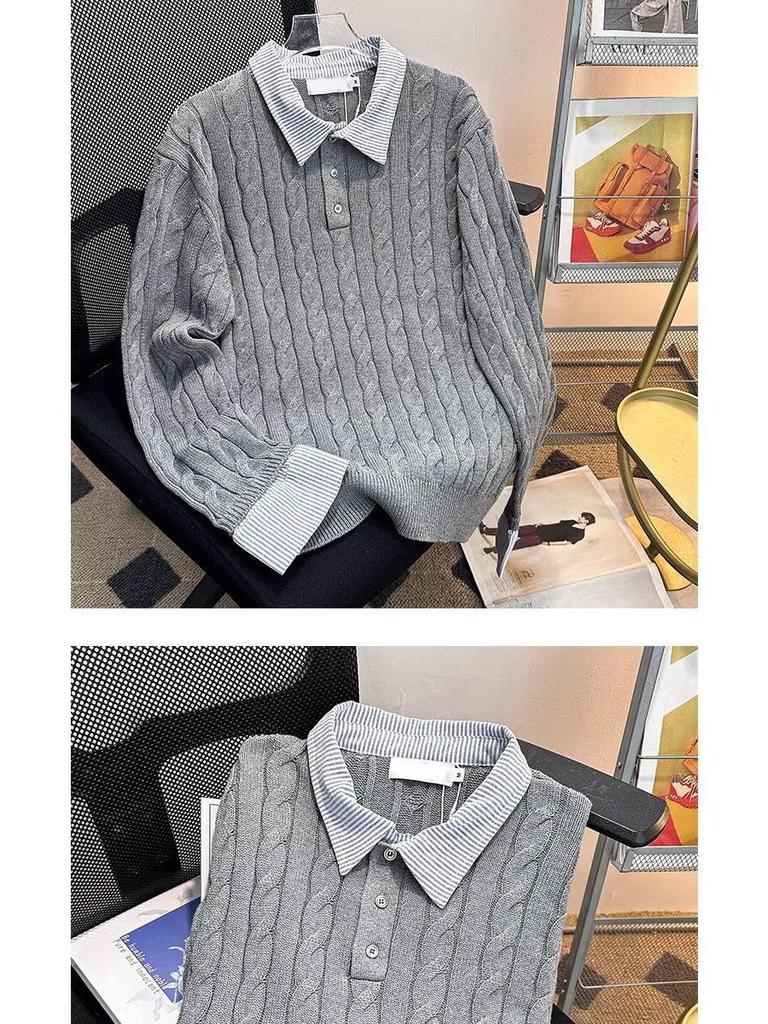 American Style Striped Cable Knit Polo Sweater - Men's Trendy Two-Piece Patchwork with Cleanfit Design