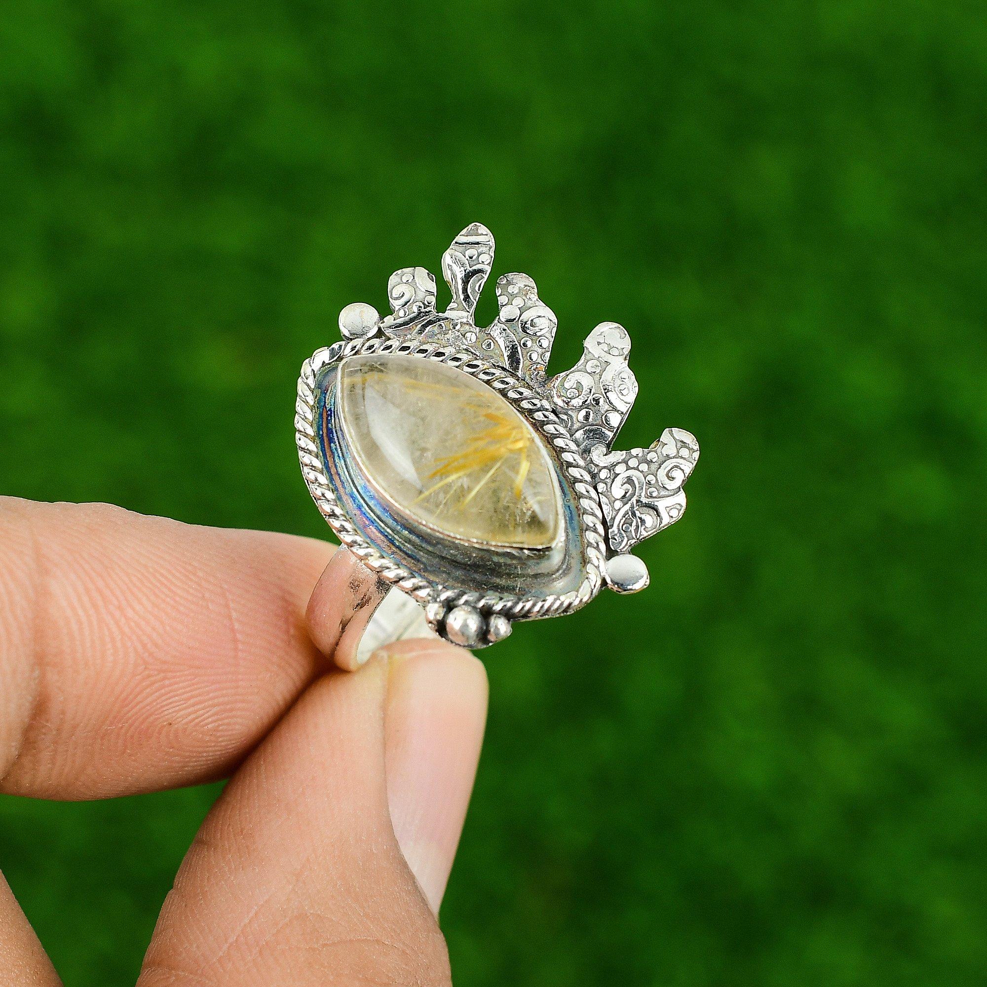 

Распродажа ко Дню матери Кольцо из стерлингового серебра с золотистым рутиловым камнем для дочери ручной работы Adjustable