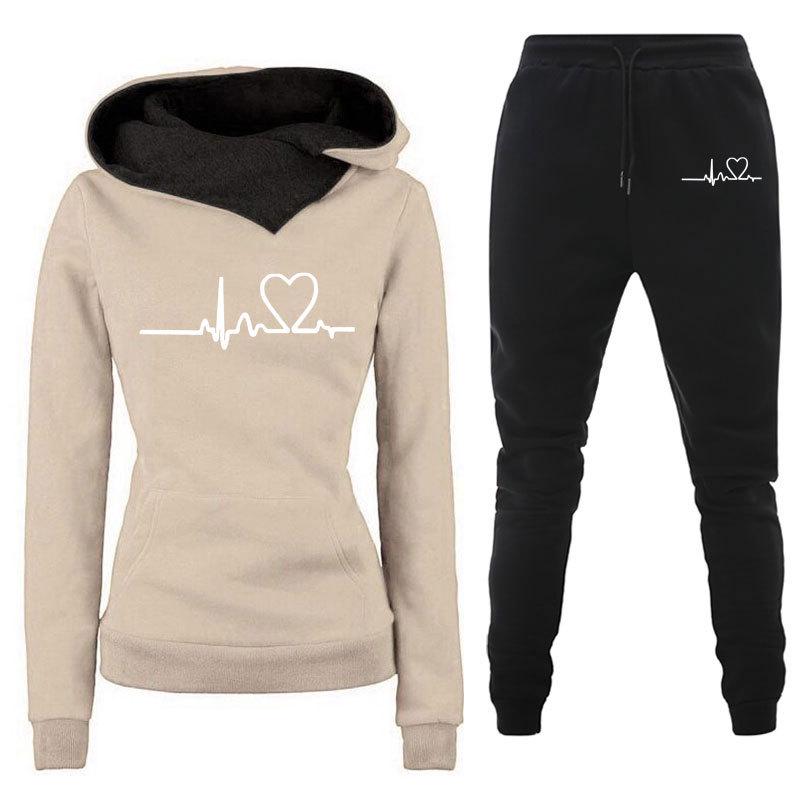 Women's Heartbeat Print Hoodie & Sweatshirt Sportswear Set - Spring/Autumn Casual Style