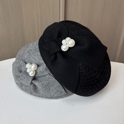 French High-End Wool Bud Hat Elegant Mesh Wool Beret Pearl Bow Stewardess Fashion Top Hat