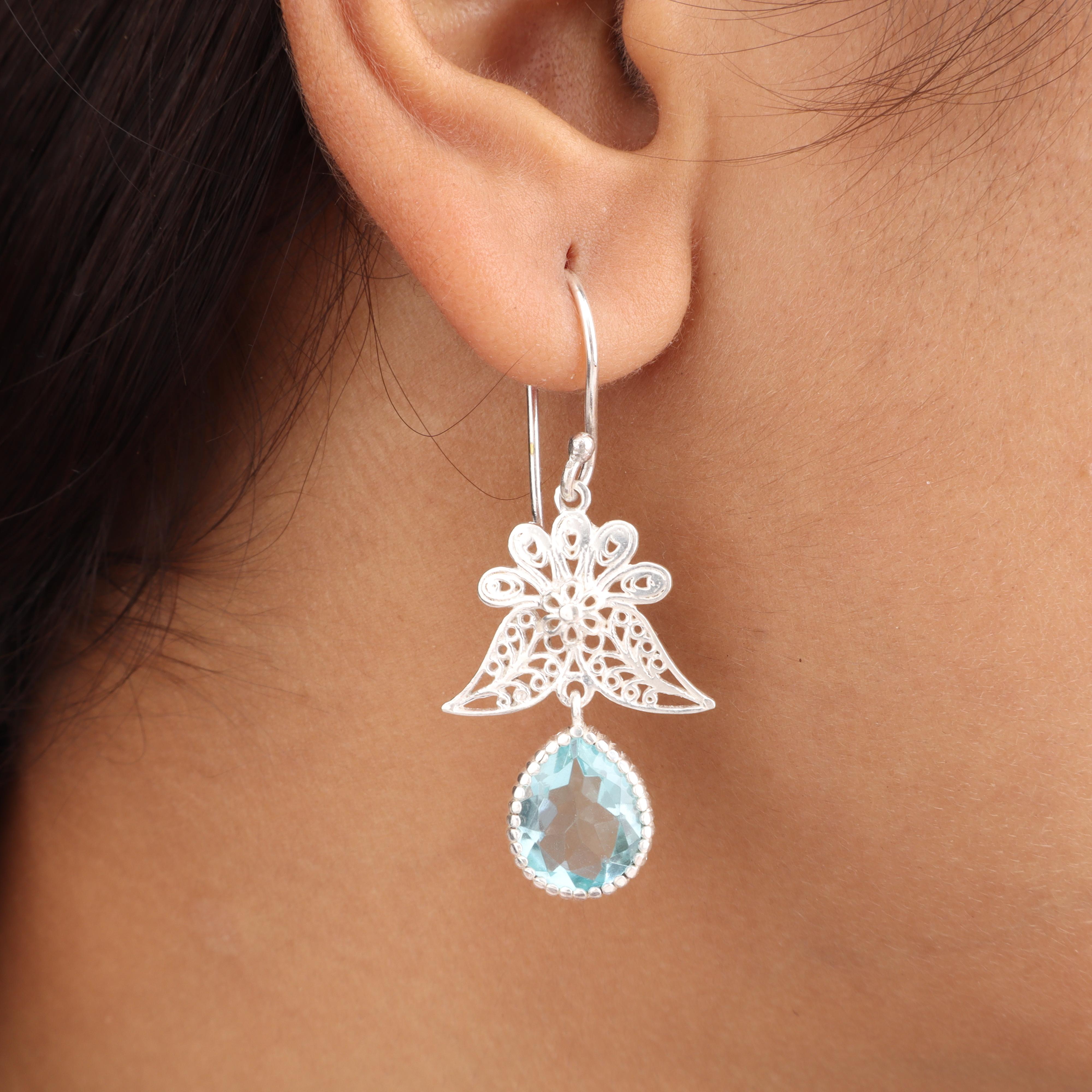 

Sky Blue Topaz Gemstone 925 Sterling Silver Handcrafted Jewelry Designer Long Earrings 1.84 Thanksgiving Gift For Women CE-23-12
