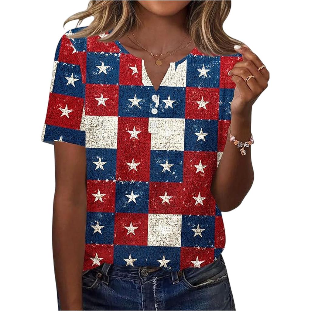 Women’s Short Sleeve Henley Neck T Shirt with Flag and Floral Print Button Casual Loose Fit Top