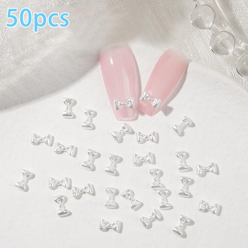 50 шт. Белые смоляные бантики для дизайна ногтей, 3D стразы, аксессуары для украшения ногтей, расходные материалы для DIY, корейский дизайн маникюра серебряный