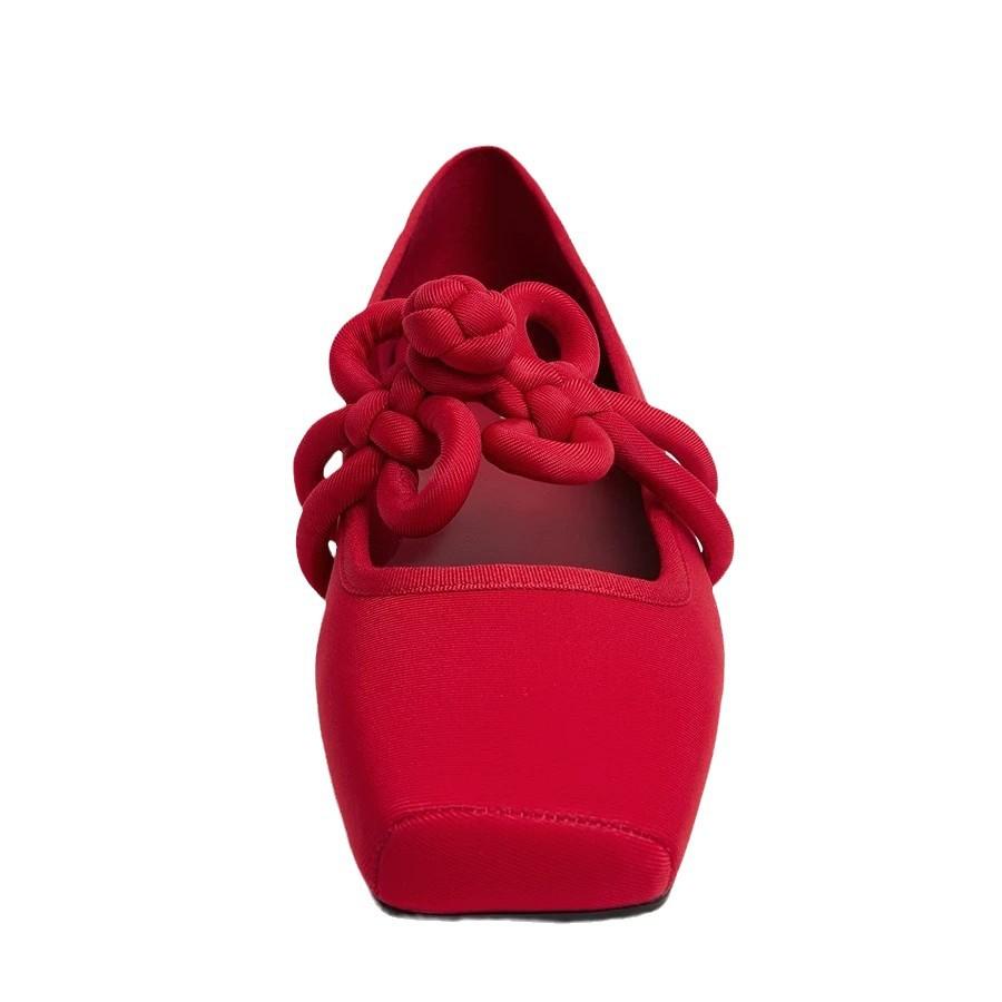 Leather Satin Flat Bottom Shallow Mouth Square Head Single Shoes Women's Spring 2025 Chinese Knot Red Mary Jane Ballet Shoes