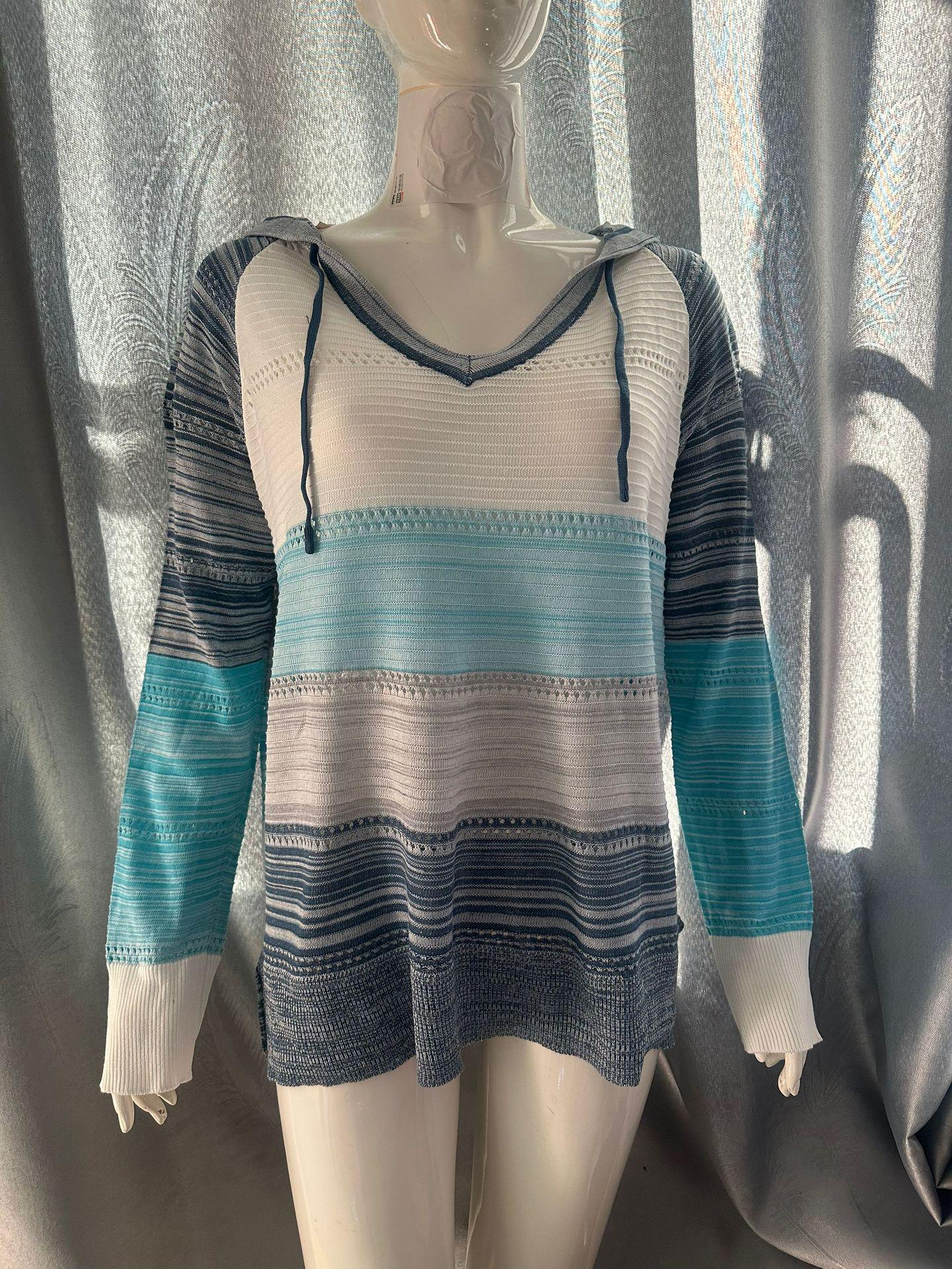 

Женский свитер контрастного цвета с капюшоном и V-образным вырезом 2022 года осень/зима S синий