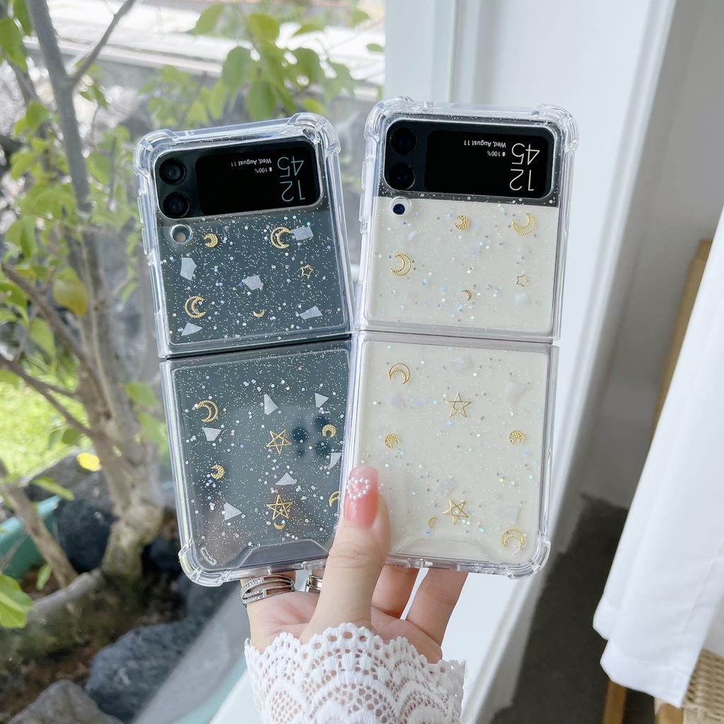 For Samsung Z Flip 3 Case Moon Star Sequin Clear Folding Phone Case For Galaxy Z Flip 4 Zflip3 5g Shockproof Hard Pc Back Cover