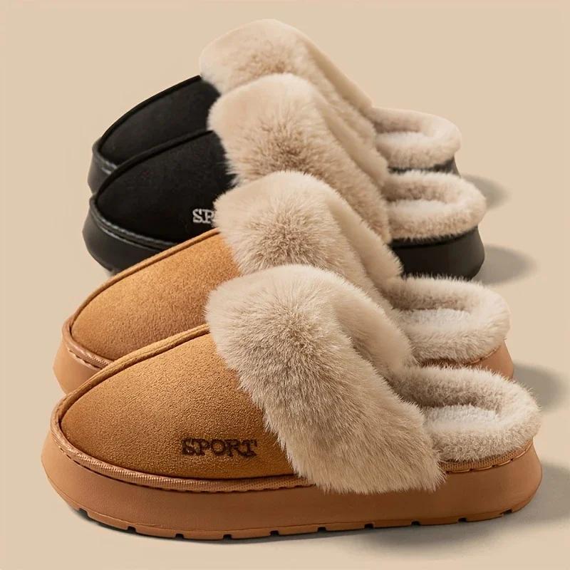 Women Thickened Fluff Warm Slippers Winter Warm Couple Style Concise Fluffy Soft Slippers Men Non-slip Indoor Home Cotton Shoes