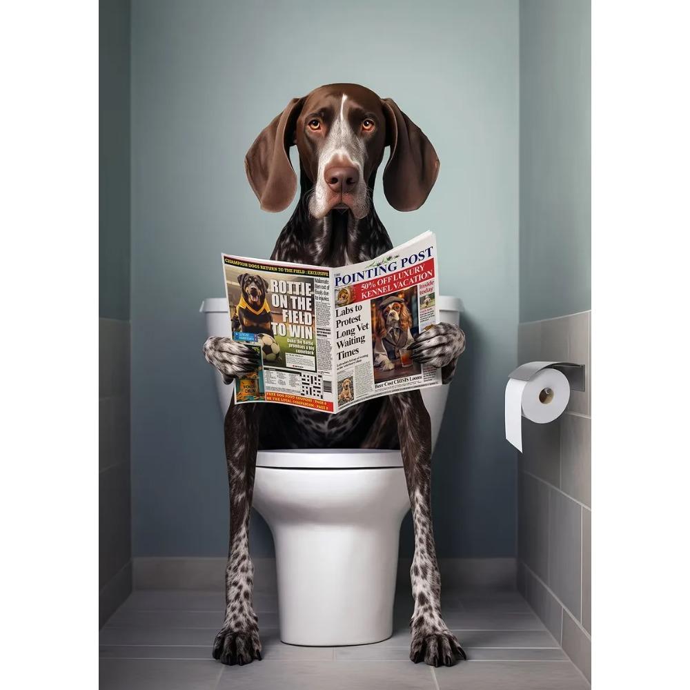 Funny Bathroom Poster Dog Reading Newspaper On Toilet Prints Pet Owner Gift Canvas Painting Wall Art Picture Home Bathroom Decor